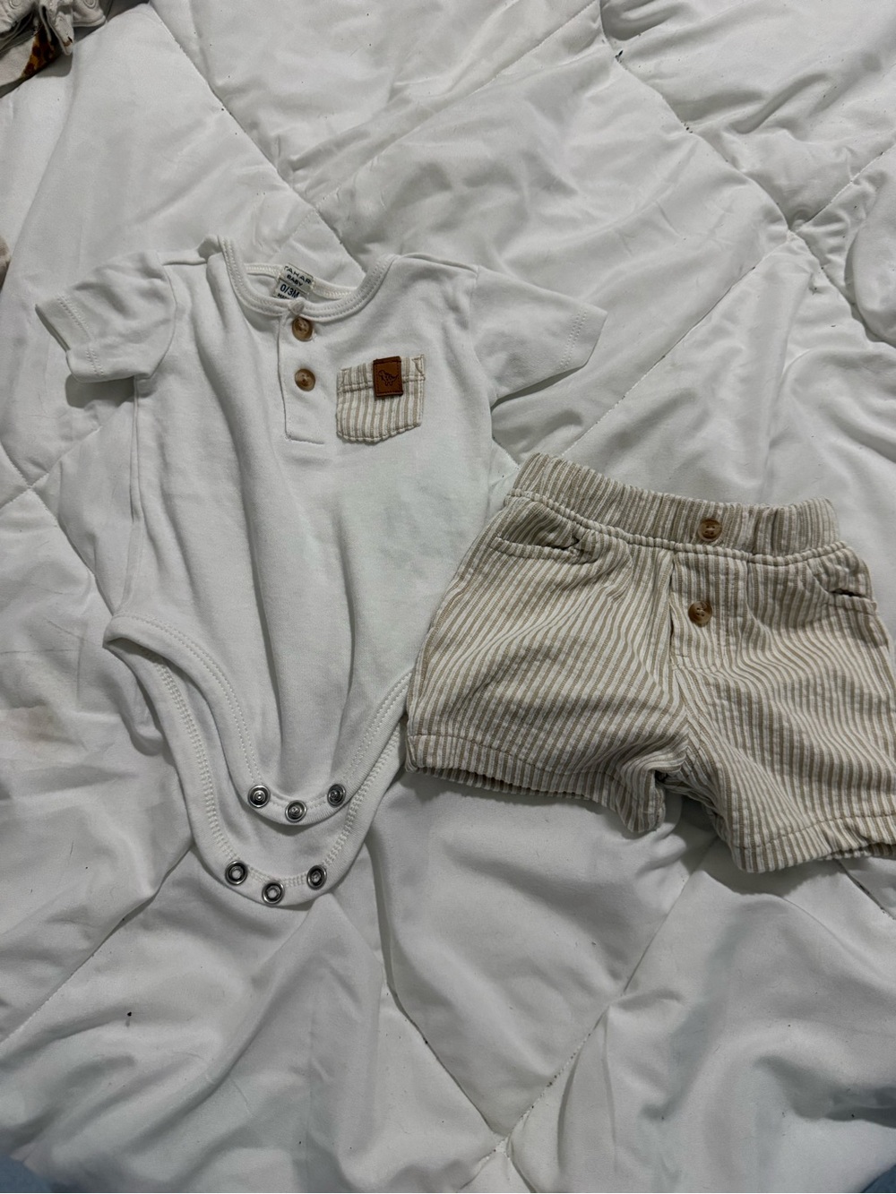 Tahari White Bodysuit with Cream Striped Shorts